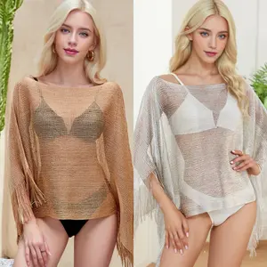 Gold and silver ribbon sleeve slit beach sun protection shirt, beach shawl, loose vacation bikini cover-up