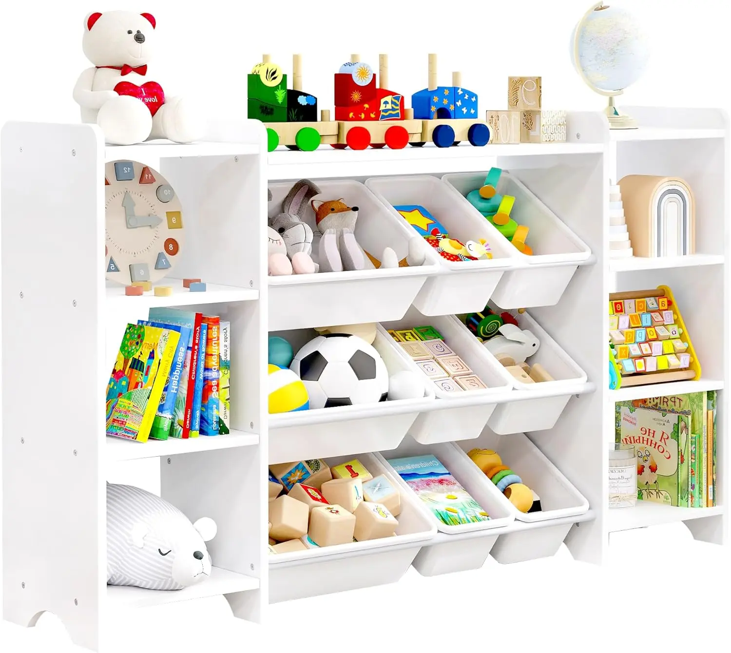 MallBest 57" Extra Wide Kids Bookshelf and Toy Storage Organizer, Solid Pine Wood Frame Playroom Organizer with 9 Bins, 4-Tier Toy Organizer for Kids Room, Nursery and Bedroom,White