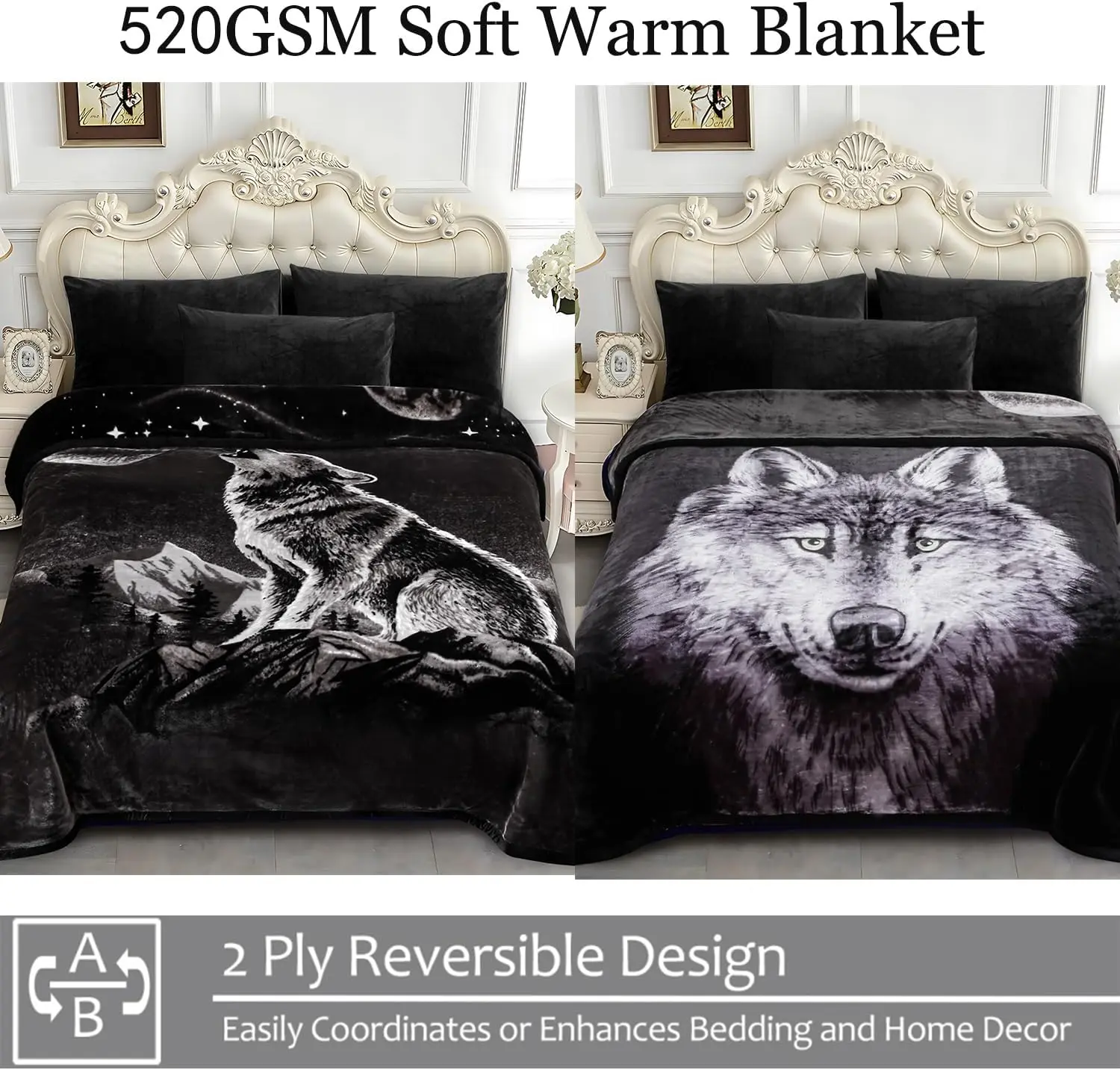 Wolf Fleece Blanket King Size, 5.7 lbs, 520GSM, 83" x 91", Reversible 2-Ply Plush Bed Blanket, Silky Soft and Warm for Winter, Black and Grey Wolf Print, Polyester, Machine Washable, Storage Bag Included