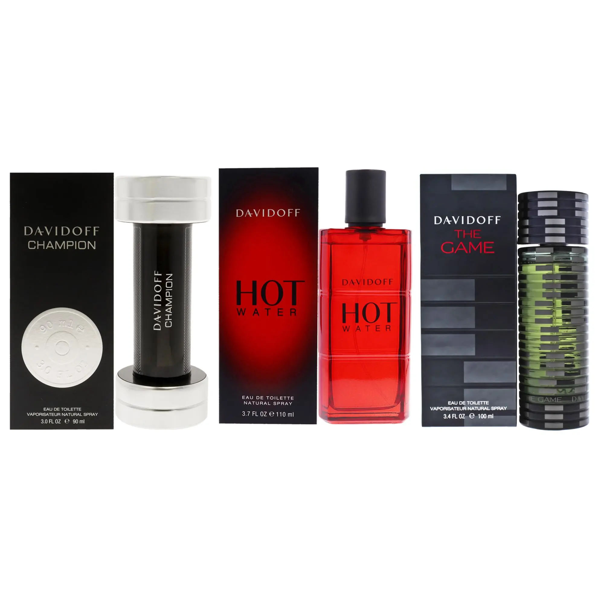 Davidoff Kit by Davidoff for Men - 3 Pc Kit 3.7oz Hot Water EDT Spray, 3.4oz The Game EDT Spray, 3oz Champion EDT Spray