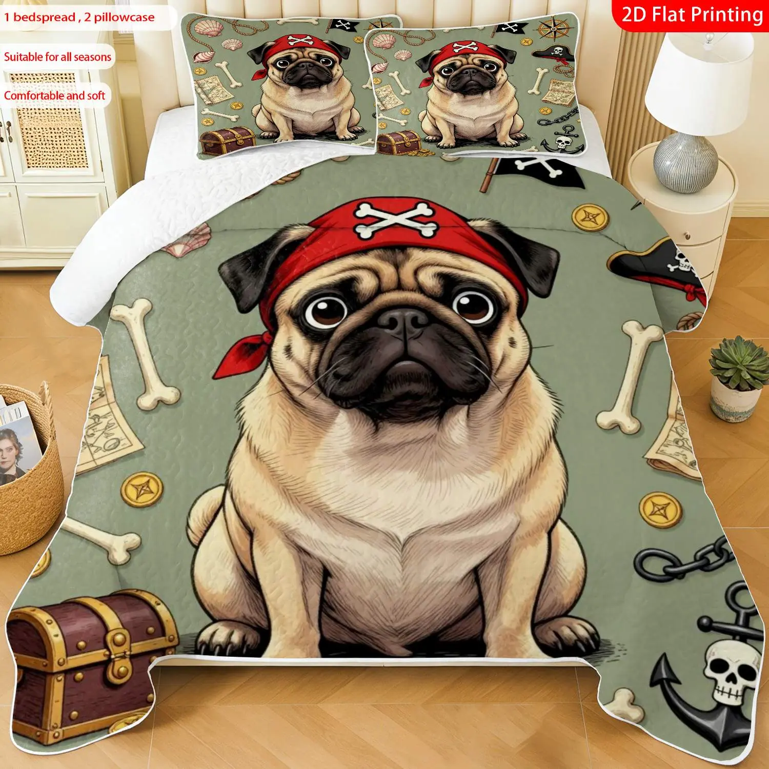 3pcs, 2D Flat Print Pirate Pug Themed Quilted Bedspread Set with Multiple Sizes Available, Bedding Set, Festive Decorative Bedding, Ideal for Bedroom Décor(1 bedspread , 2 pillowcase)