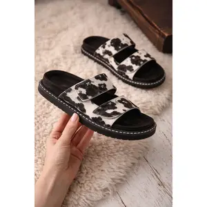 Women's Dean Canyon Casual Genuine Leather Sandals - Cowhide Print Round Toe Flat Heel Slip-On Shoe with Statement Look, Comfortable Footwear