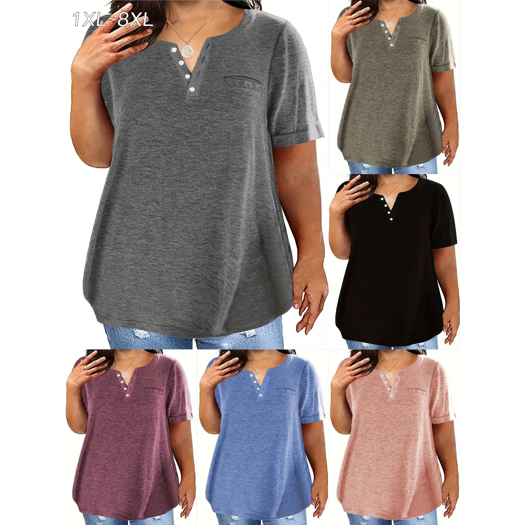 Women's Summer Comfortable New Top Solid Color V-neck Short Sleeved Pocket Loose T-shirt