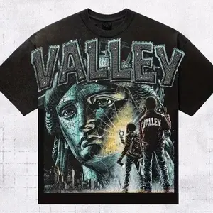 Men'S 100% Y2K Hip Hop Streetwear T-Shirt - Valley Face Statue & Urban Cityscape Graphic Print with Valley Text Design, Digital Heat Transfer Short Sleeve Round Neck Casual Tee for Casual Attire, All-Season Comfort, Ideal Gift for Men () 5Y8