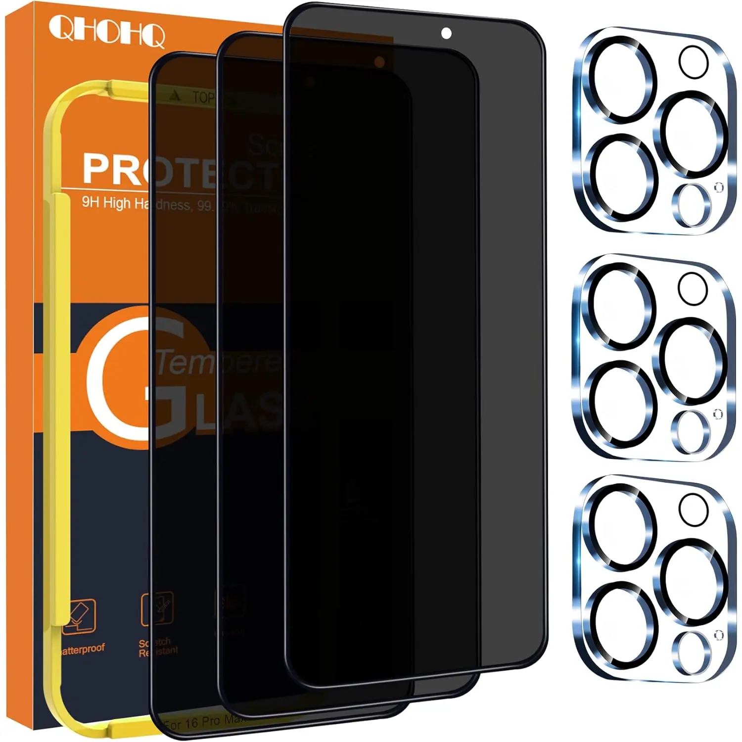 QHOHQ for Iphone 16 Pro Max Privacy Screen Protector + Camera Lens Protector, [Military Grade Shatterproof], Top 9H+ anti Spy Glass, Full Edge Coverage, Ultra Durable,With Installation Tool [3+3 Pack] QHOHQ
