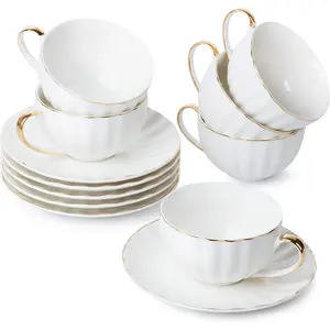 Tea Cups and Saucers, Set of 6 (3 oz) with Gold Trim and Gift Box, Demitasse Cups, Coffee Cups, White Tea Cup Set, British Coffee Cups, Porcelain Tea Set, Latte Cups
