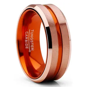 Tungsten Carbide Ring Wedding Band Rose Goldtone Orange Interior Comfort-Fit 8MM Unisex