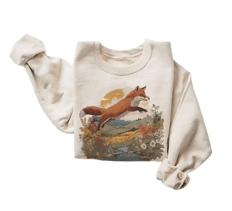 Retro Red Fox Jumping Summer Wildflower Scene Sweatshirt - 90s Cute Foxes Nature Outfit - Wildlife Lover - Boho Unisex Crewneck Sweatshirt