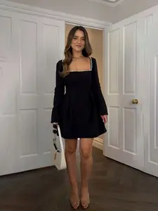 Women's Faux Pearl Decor Square Neck Plicated A Line Dress, Elegant Long Sleeve Zipper Back Short Dress for Party Holiday Wedding Guest, Ladies Spring & Fall Clothes