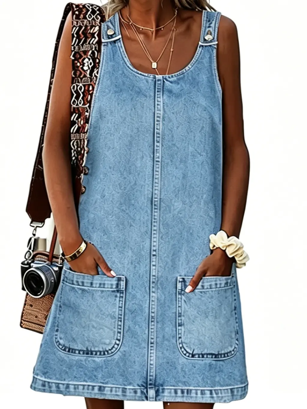 Women's Sleeveless Crew Neck Vintage Loose Fit Denim Dress - Casual Everyday Wear, Sleeveless Cool, Above-The-Knee, With Pockets, Easy For Casual Outings (Summer Denim Dresses For Women)