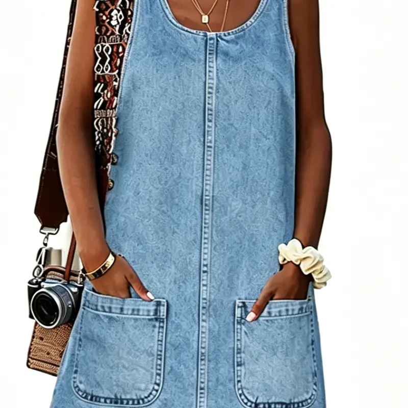 Yousify Women's Basic Minimalist Vintage Loose Fit Crew Neck Sleeveless Denim Dress - Pocketed, Above-The-Knee, Casual Comfy Chic, Springfashion, Warm-Weather Friendly, Roomy Cut (Vintage Denim Casual Dresses For Women)