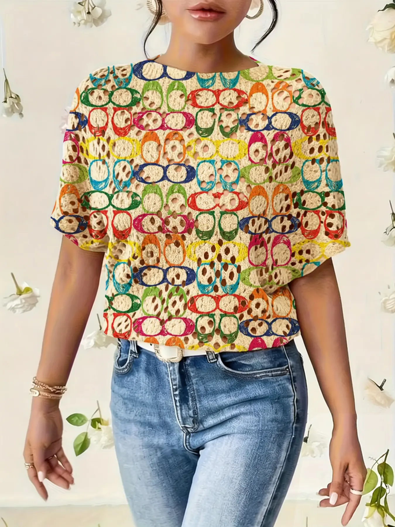 Women's Geometric Colorblock Print Round Neck Sweater Tops, Casual Feminine Batwing Sleeve Knitwear Fit for Fall Winter, Comfortable Warm Everyday Daily Wear