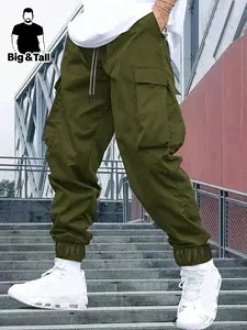 Men's Plus Size Plain Color Multi-Pocket Cargo Pants, Slim-Fitting Drawstring Waist, Casual Streetwear for All Seasons