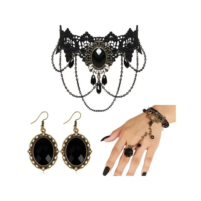 Black Choker Earrings Bracelet Set Witch Costume Women Gothic Accessories Vintage Goth Ring Gloves Vampire Necklace Black Choker Earrings Bracelet Set Witch Costume Women Gothic Accessories Vintage Goth Ring Gloves Vampire Necklace