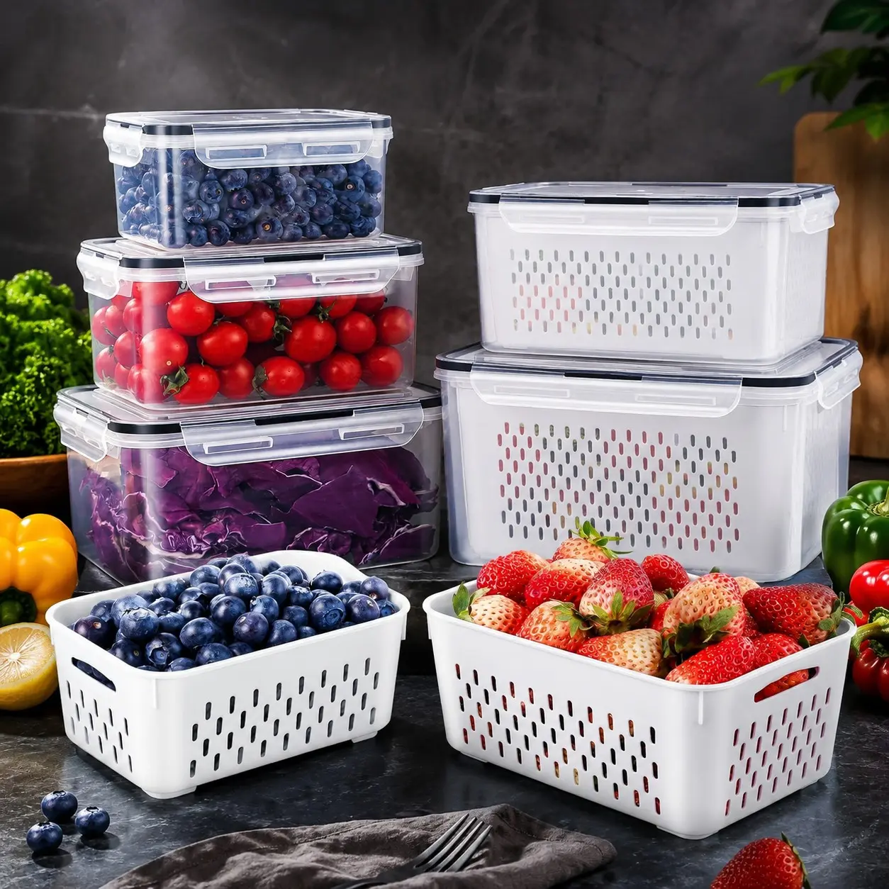 5 Pack Large Fruit Storage Containers for Refrigerator with Removable Colander & Leakproof Lids, BPA-Free Produce Saver Bins, Dishwasher & Microwave Safe Food Storage for Fruits, Vegetables, Berries & Meat