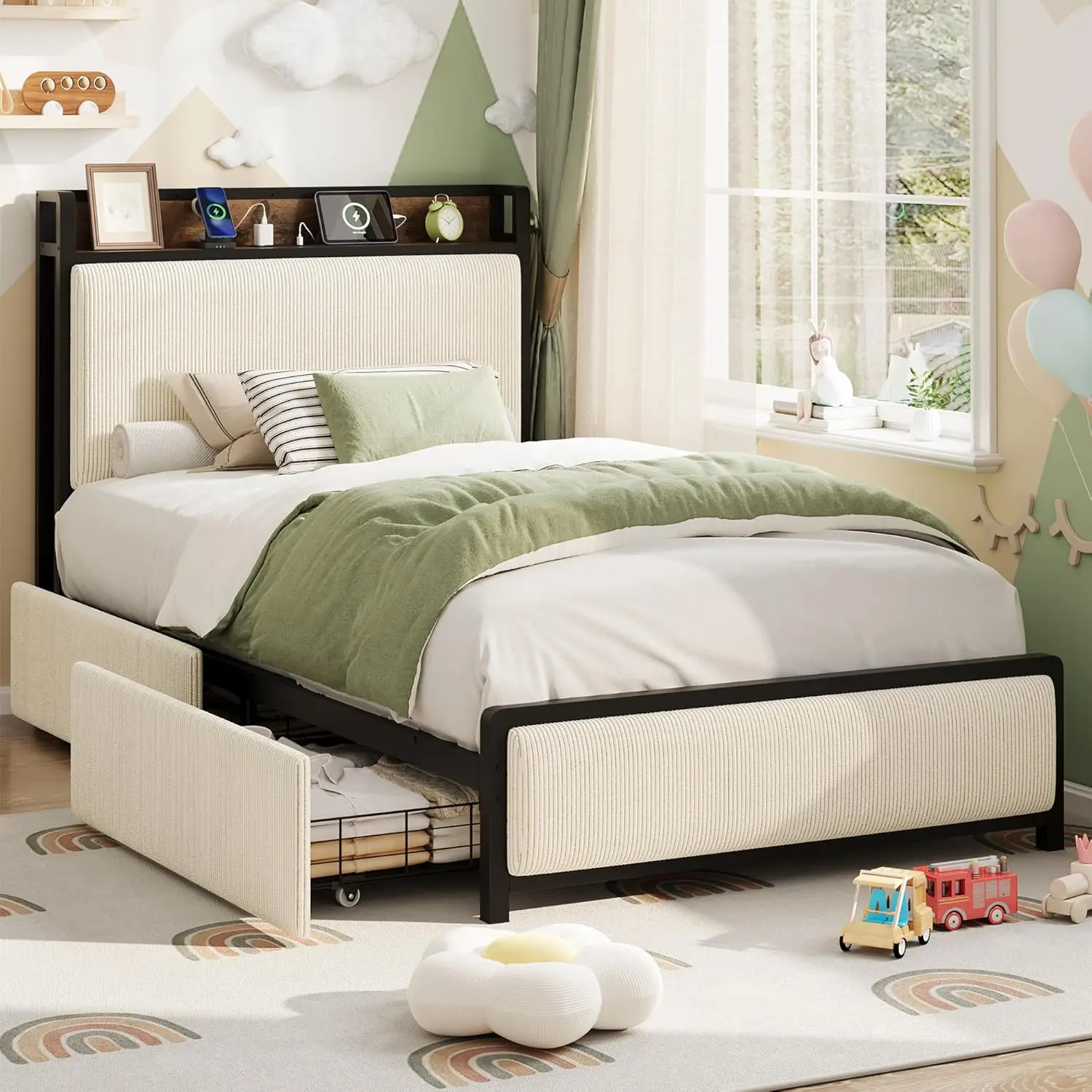 Beige Rustic Velvet Twin Framed Storage Bed - 2 Drawers, Headboard with Storage Compartment, USB Port Charging Station, No Box Spring Needed, Silent Noise-Free Design, 800 lbs Capacity, Smooth Easy Assembly, Secure Structure