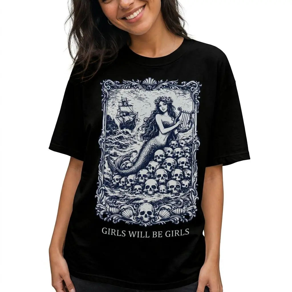 Women's Plus Size "Girls Will Be Girls" Graphic T-Shirt - Gothic Siren Vintage Mermaid Streetwear Top, Alt Clothing Women's Sports Top, Tshirt, Women's Tops