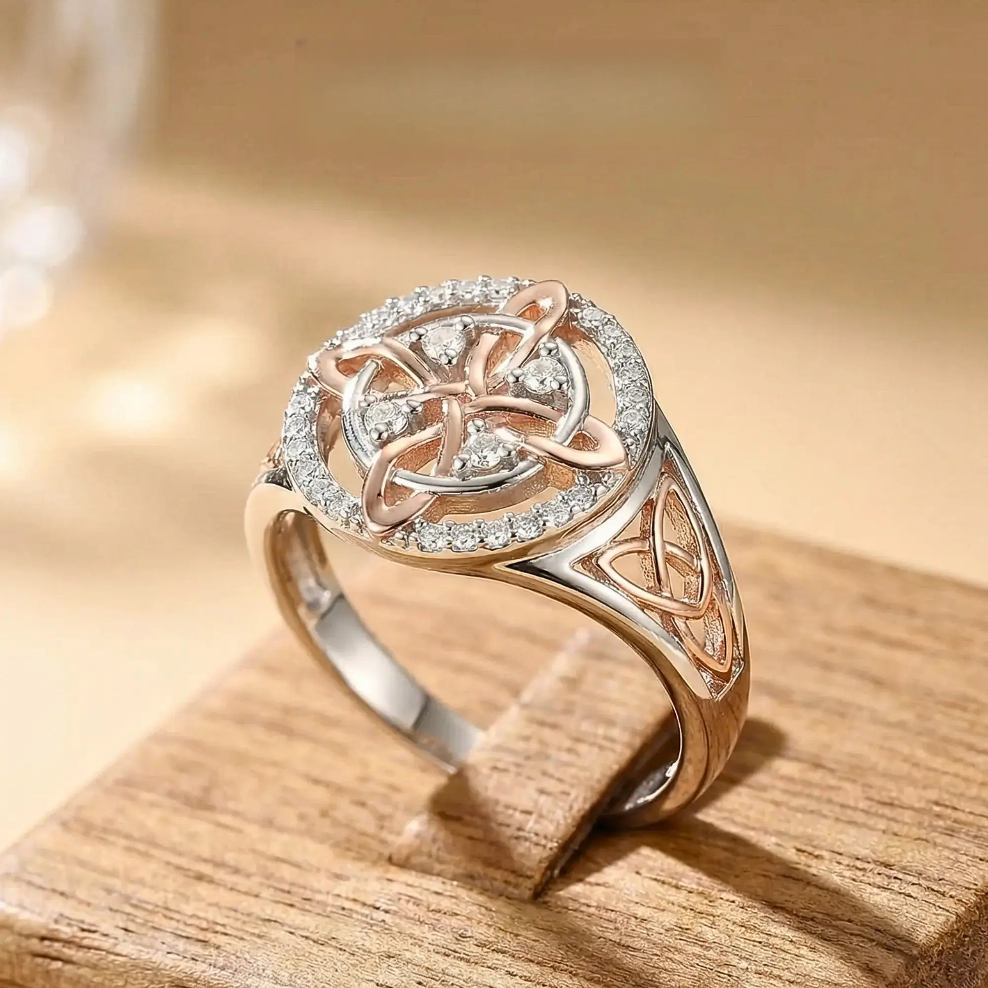 Rose Gold Plated Witches Knot Ring, Anillo Nudo de Bruja Original Celtic Knot Jewelry, Cubic Zirconia Decorated Witch’s Knot Ring, Witchtok Witch Jewelry Pagan Jewelry for Devotion and Protection  Holiday gifts Stunning Ring Set Statement Multi Ring
