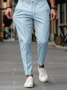 Men's Solid Color Split Hem Pants with Waist Straps, Loose Casual Comfy Trousers, Casual Fashion Trousers for Daily Wear, Men's Bottoms for All Seasons, Casual Loungewear Pants
