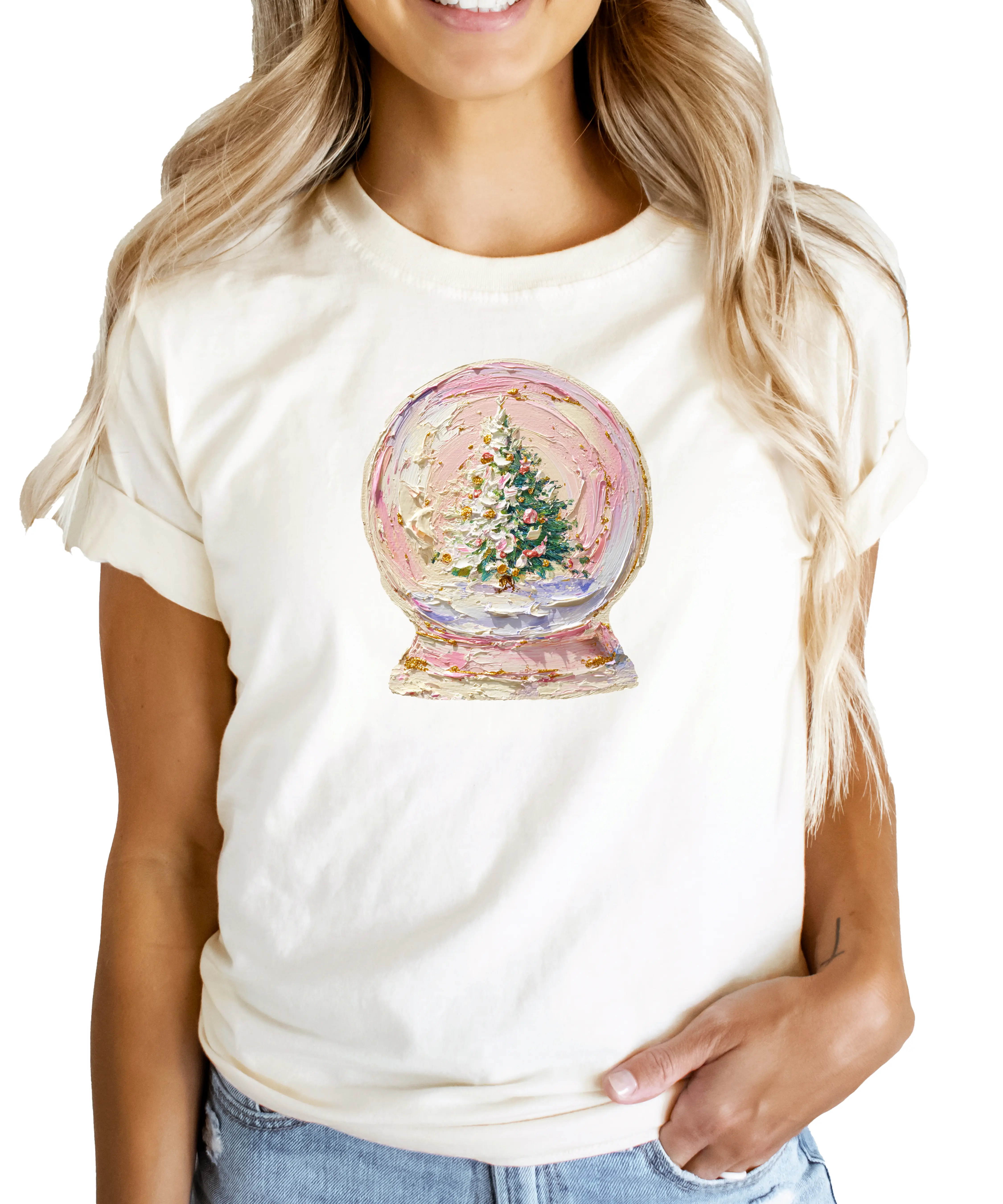 Ink Printed Image NOT a Painted Design - Pastel Christmas Tree Snow Globe Shirt for Women & Teens - Christmas Graphic Tee  - Holiday Party T-Shirt