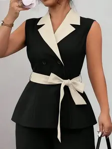 Plus Size Women's Colorblock Lapel Sleeveless Blazer Vest, Double Button Waist Tie Slimming Office Ol Top, Elegant Casual Wear