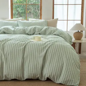 Sage Green and White Striped Duvet Cover 100% Washed Cotton Breathable Linen Like Bedding Set Queen Size