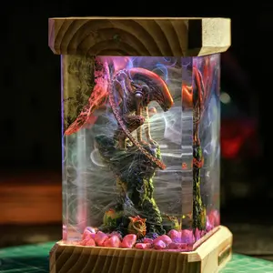 Xeno.morph Ali.en Figurines Epoxy Resin Diorama with Wood Base - Handcrafted Sci-Fi Desktop Ornament Gift for Movie Fans Home Office Decor