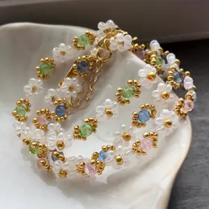 Beaded Flower Bracelet, Beaded Crystal Jewelry, Handmade Seed Bead Bracelet