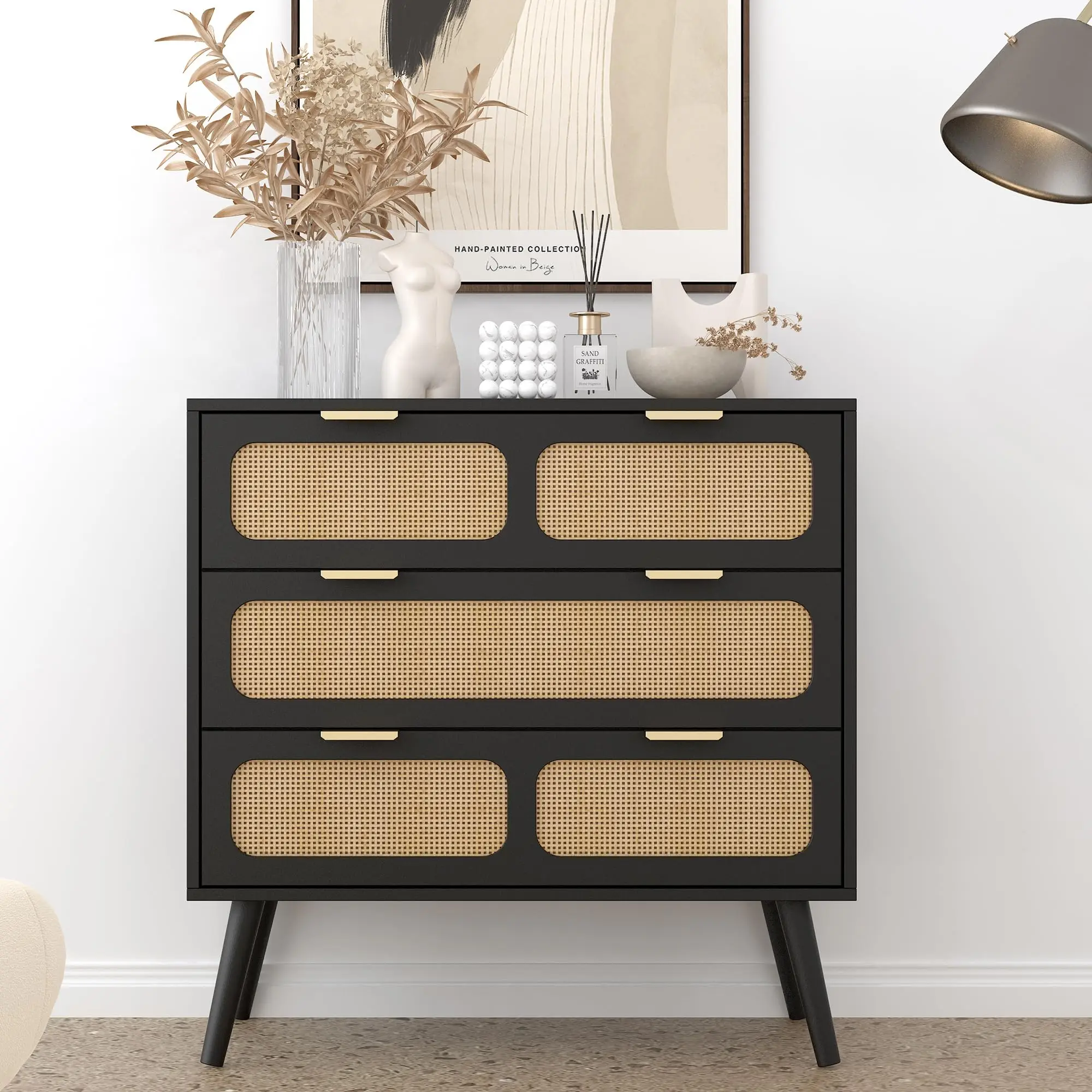 Giratree 3 Drawer Dresser, Modern Rattan Dresser Chest with Wide Drawers and Metal Handles, Farmhouse Wood Storage Chest of Drawers for Bedroom, Livin