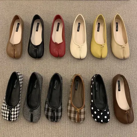 Women's Designer Slip-On Flats - Retro-Inspired Synthetic Below-the-Ankle Footwear, Soft Allday Wear, Casual & Elegant Styles, Plain/Round Toe Option, Split-Toe Design, Checkered or Dots Patterns in Brown, Red, Beige, Yellow