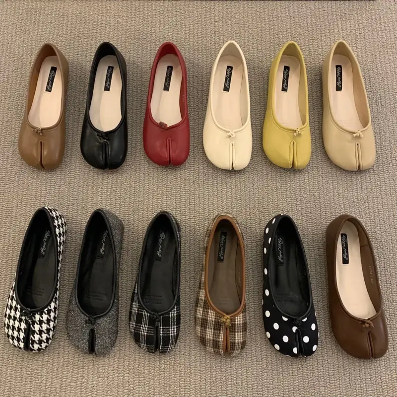 Women's Designer Slip-On Flats - Retro-Inspired Synthetic Below-the-Ankle Footwear, Soft Allday Wear, Casual & Elegant Styles, Plain/Round Toe Option, Split-Toe Design, Checkered or Dots Patterns in Brown, Red, Beige, Yellow