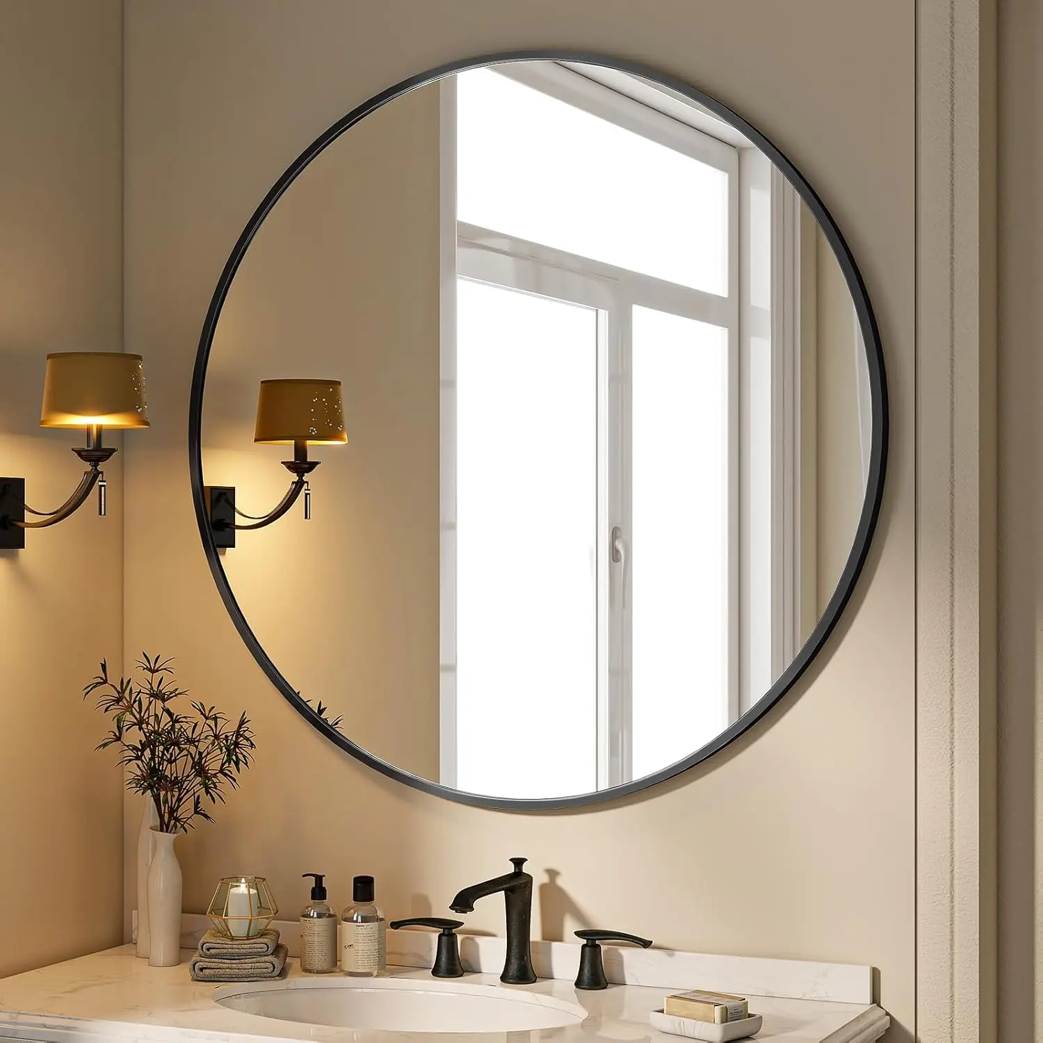 40 Inch Round Mirror, Metal Frame Circle Mirror, Wall Mounted for Entryway, Bathroom, Vanity, Living Room, Black