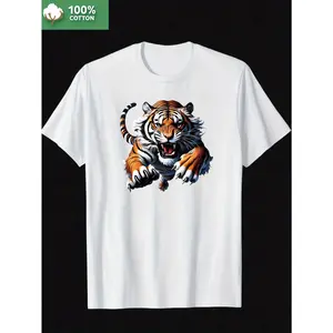 200g 100% cotton tiger roaring with open mouth and claws regular fit crew neck short sleeve machine washable graphic T - shirt for Halloween men and women T - shirt festival outfit casual wear statement tee cotton fabric soft material printed T - shirt