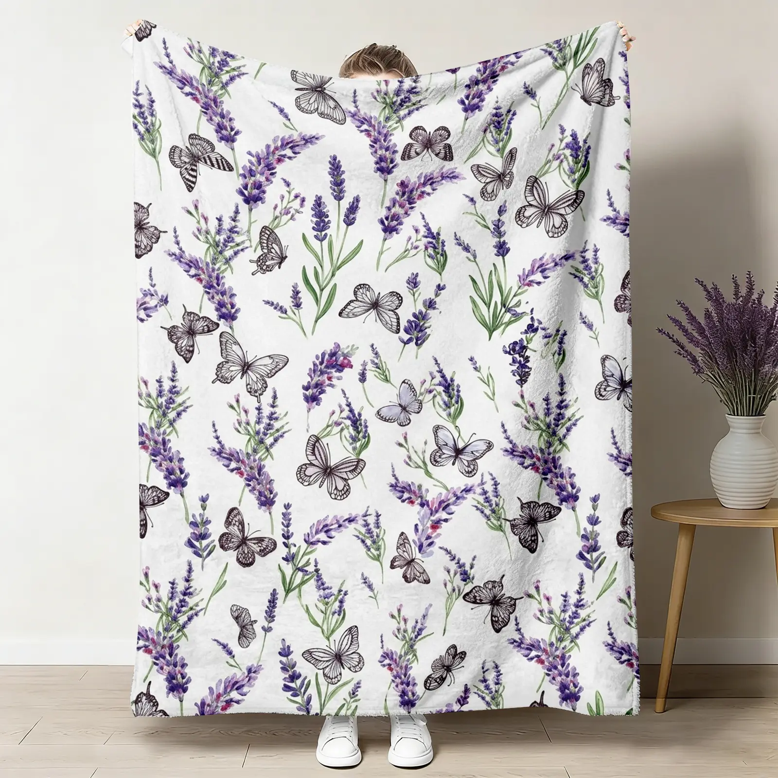 Lavender Butterfly Throw Blanket - Watercolor Floral Flannel, Soft Cozy Warm, Purple Botanical Nature, Butterfly Theme, Cottagecore, Fluffy Breathable, Graphic, Large Flower Throws - Serene Gift for Her, Spring Bedroom Couch Decor, Butterfly Theme Throws