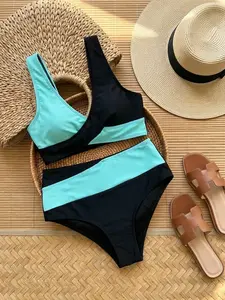 Two Piece Bikini Set for Women Body Positive Swimwear Criss-Cross V Neck Top High Waisted Colorblock Bottoms Vacation Swimsuit Smooth & Elastic