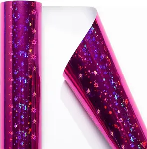 Mini Holographic Wrapping Paper Roll-46.8sqft(17inch*32.8ft) Fuchsia/Plum Star for Christmas, Birthday, Wedding, Baby Shower, Bridal Shower, Graduate Party, Valentine's Day