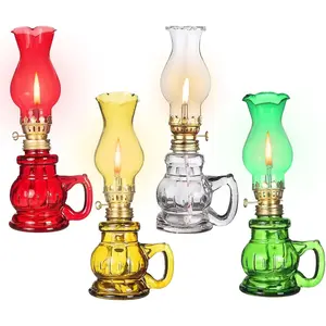 4PCS Glass Kerosene Oil Lamps Vintage Oil Lamps for Indoor Home Lighting Clear Hurricane Kerosene Lamp Lantern for Tabletop Decor (Yellow Green Red Clear)