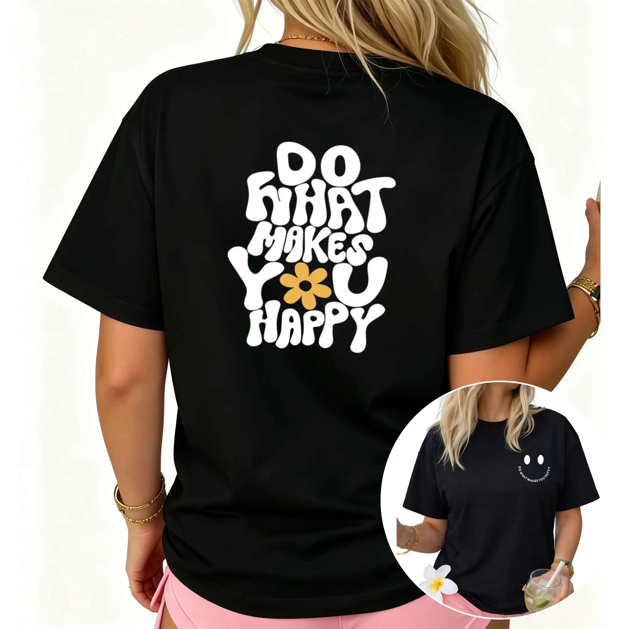 Breathable Round Neck Short Sleeve Top with Double-Sided Letter Print, Soft Machine-Washable Blouse-Compatible Tee Suitable for All Seasons, Casual Layering & Casual Attire, Non- Opaque Fabric