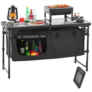 VEVOR Camping Kitchen Table,  Folding Outdoor Cooking Table, 3 Adjustable Heights, Aluminum Lightweight Portable Cook Station with Storage Organizer, Carry Handle, for BBQ Party Picnic RV Travel, Black