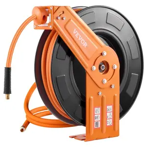 VEVOR Retractable Air Hose Reel, 3/8INx 100FT Rubber Air Hose Max 300PSI, Air Compressor Hose Reel Auto-Rewind with 5FT Lead in, Ceiling/Wall Mount Heavy Duty Single Arm Steel Reel, 1/4 NPT Fitting