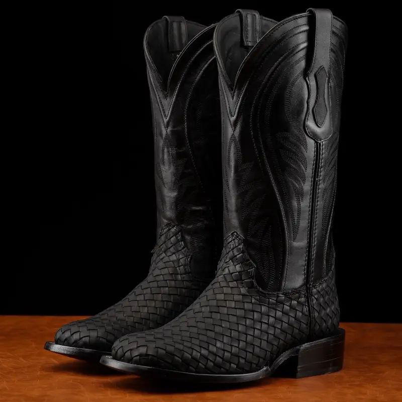 Total Black Basketweave Boots - Square Toe