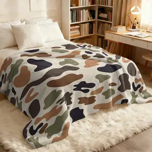 Low Saturation Morandi Camo Print Flannel Blanket, Soft Earth Tone Camo, Comfortable Thick Lightweight Car Camping Travel Throw, Minimalist Office Nap Mat, Sofa Bed End Decor
