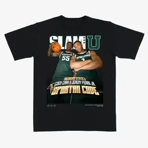 Coen Carr & Jeremy Fears Jr. SLAMU Cover T-Shirt, Spartans Duo Slam U Pose Graphic Tee, Green Jerseys #55 & #1 Holding Basketball