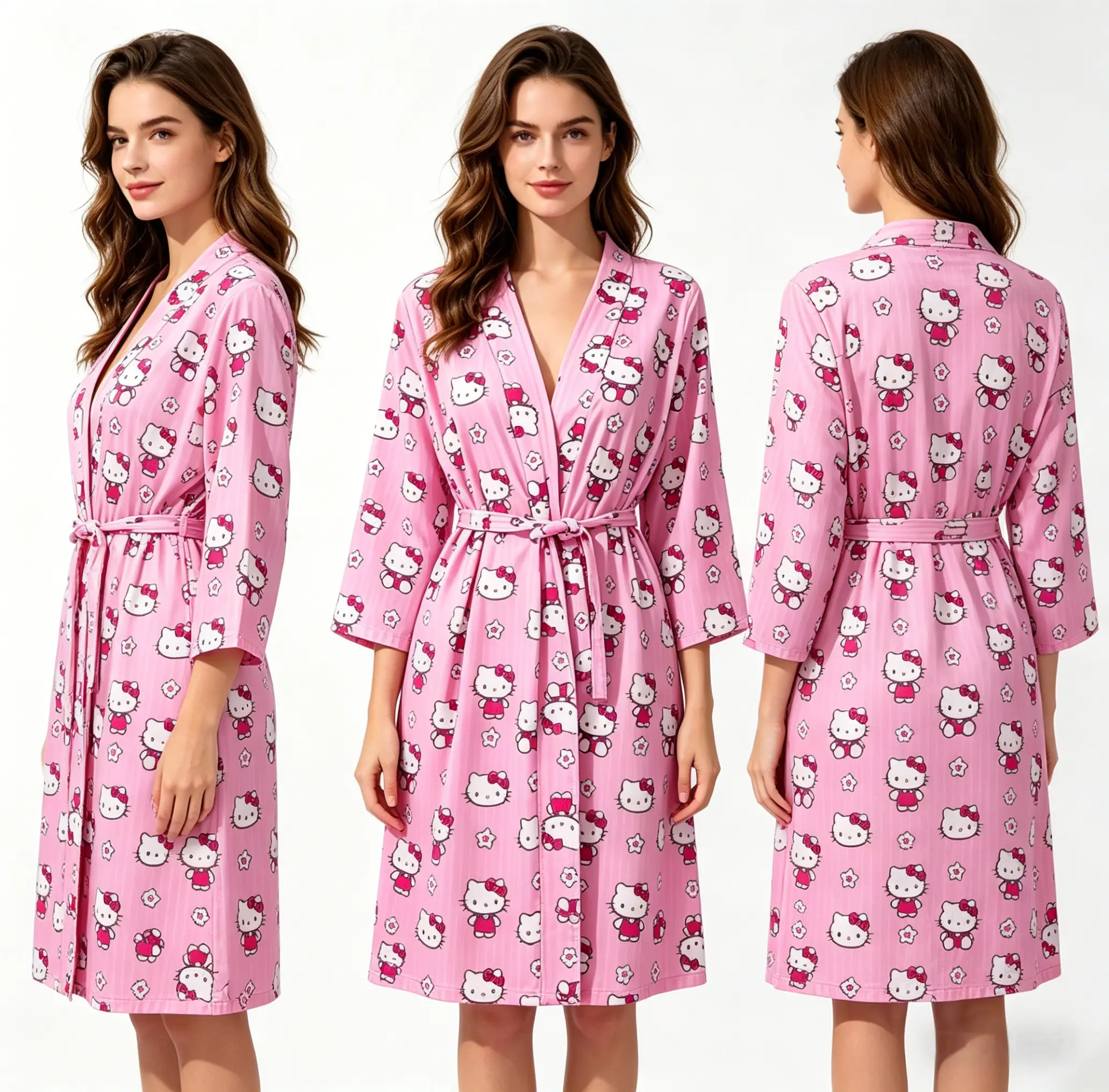 Hello Kitty Lightweight Seven-Eighths-Sleeve Robe Sanrio Kawaii Soft Women Casual Loungewear Bathrobe