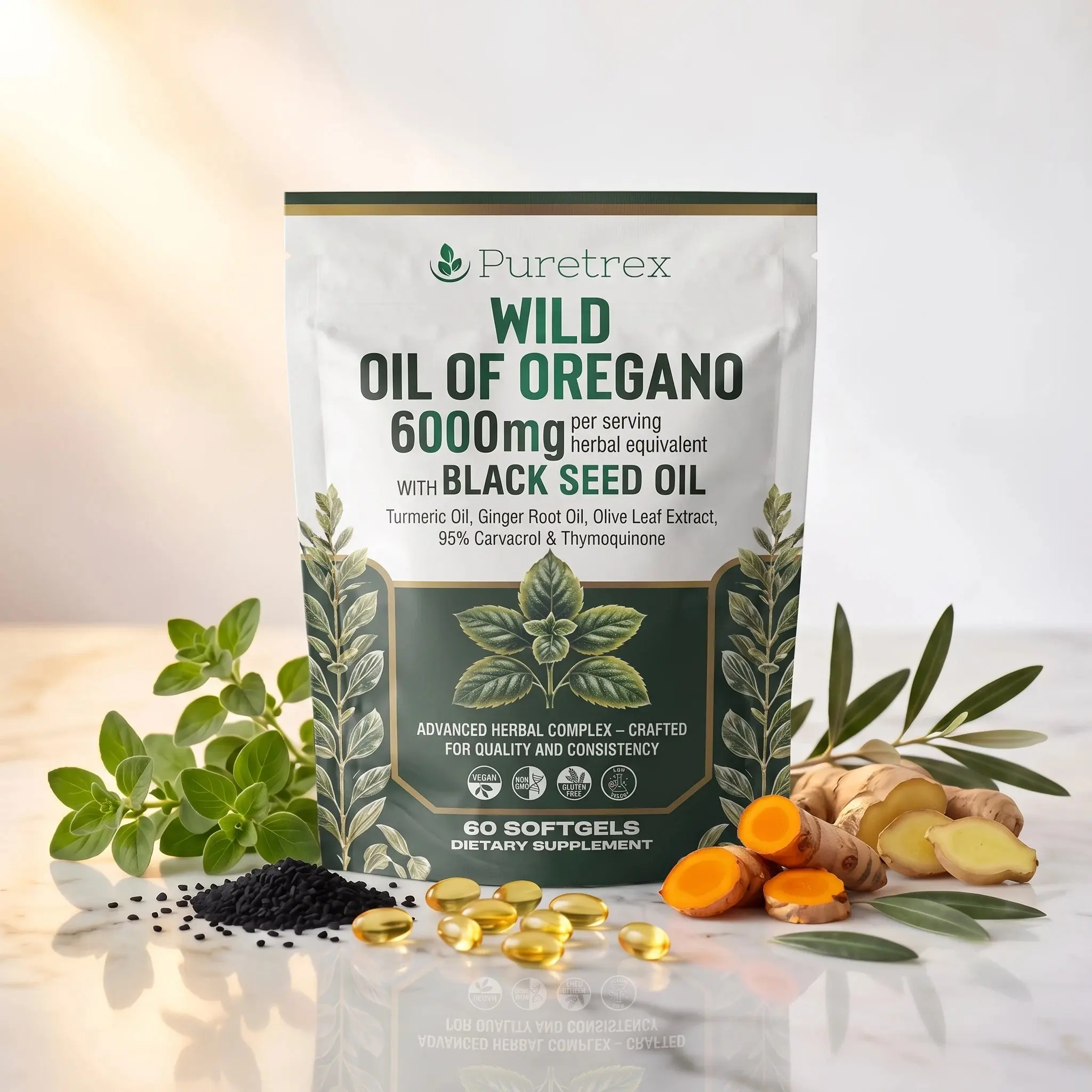 Wild Oil of Oregano 6000mg – 95% Carvacrol with Black Seed Oil & Turmeric | 300 Softgels