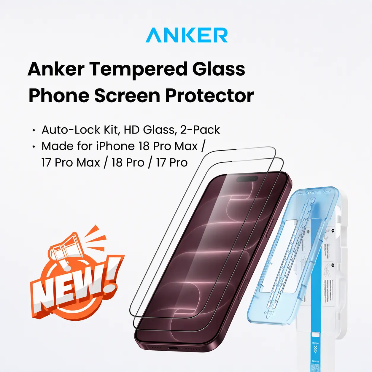 [live only]Anker Tempered Glass Phone Screen Protector, Auto-Lock Kit, HD Glass, 2-Pack，6× Edge Pressure Resistance, 8 ft Drop Tested, Bubble-Free, Fingerprint-Resistant, for iPhone 18 Pro / 17 Pro/ 18 pro max/17 pro max