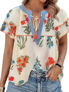 Chic Petal White Red Blue Floral Print Blouse V Neck Tie Back Ruffle Sleeve Boho Top for Women Adjustable Lightweight Airy Fabric - Womenswear