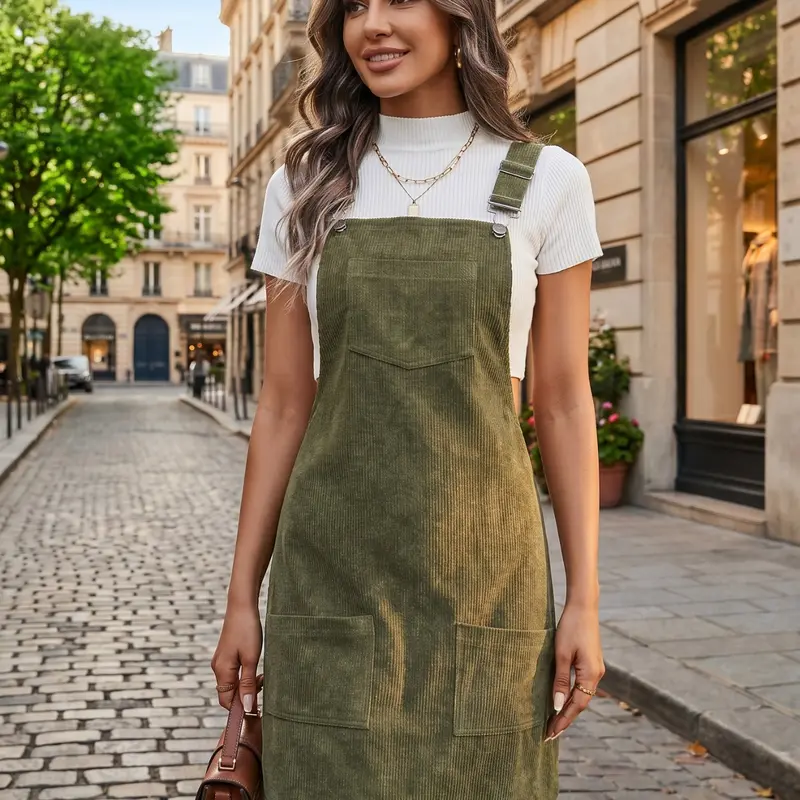 Women's Solid Color Adjustable Pocket Overalls Dress without Inner Top, Casual Sleeveless Overalls Dress for Daily Wear, Ladies Clothes for All Seasons, Womenswear