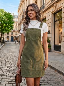 women's solid color pocket overalls dress without inner top, casual sleeveless overalls dress for daily wear, ladies clothes for all seasons
