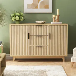 Vabches 47.2" W Storage Cabinet with 3 Drawers, Fluted Buffet Cabinet with Storage, Large Sideboard Cabinet with 2 Door, Modern Mid Century TV Stand Coffee Bar Cabinet for Living Room, Kitchen, Entryway